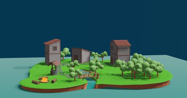 3d village low poly map of forest