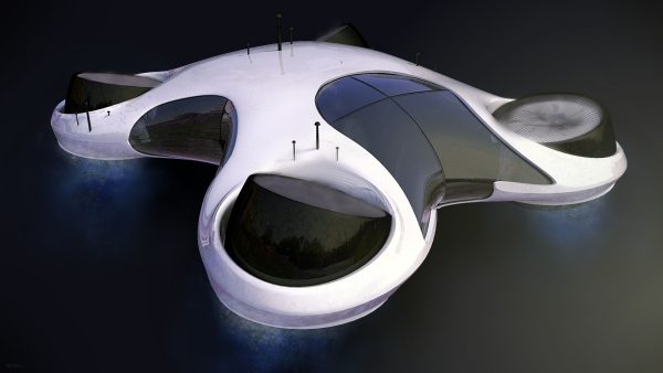 DroneCar futuristic house on water